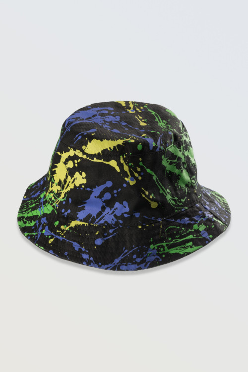 Czarny dwustronny kapelusz typu bucket-hat z kolorową grafiką