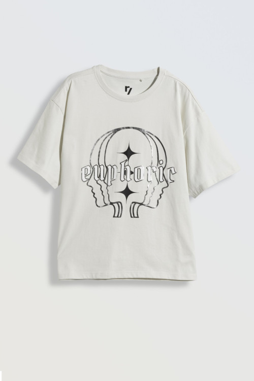 Szary T-Shirt oversize z błyszczącym nadrukiem z przodu