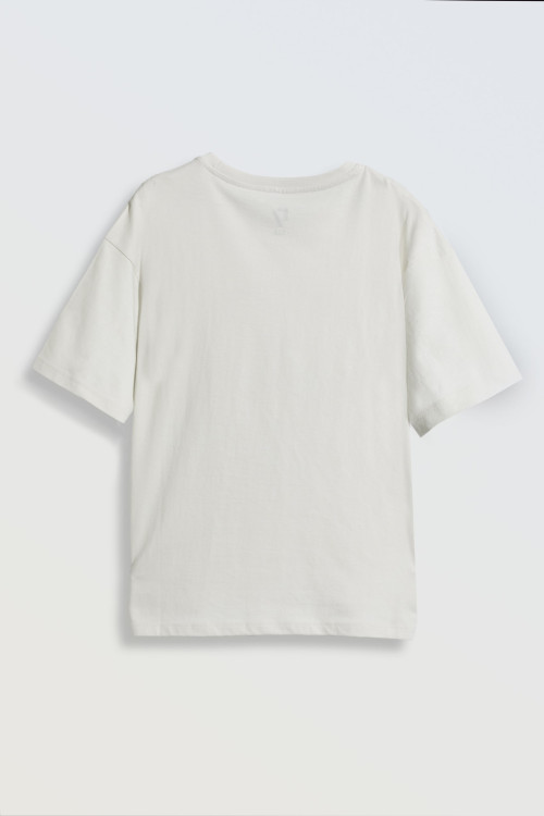 Szary T-Shirt oversize z błyszczącym nadrukiem z przodu