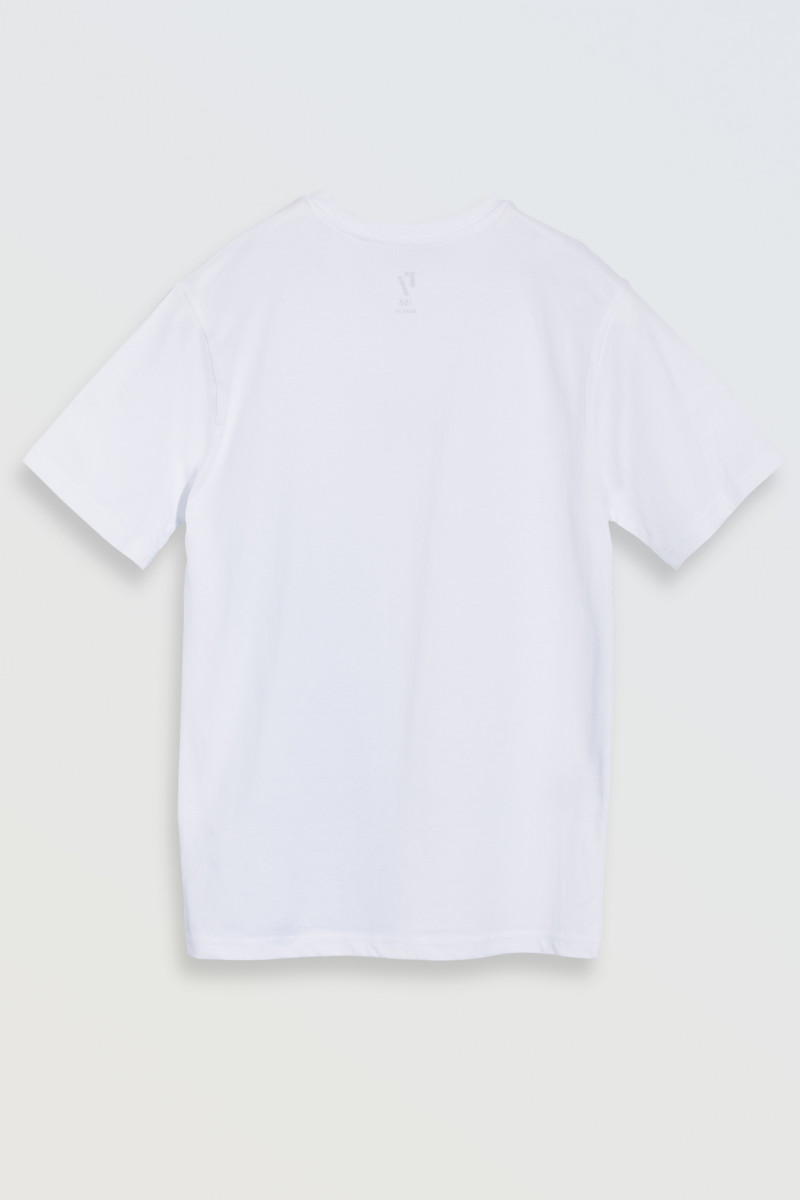 Biały T-shirt z niebieskim nadrukiem z przodu