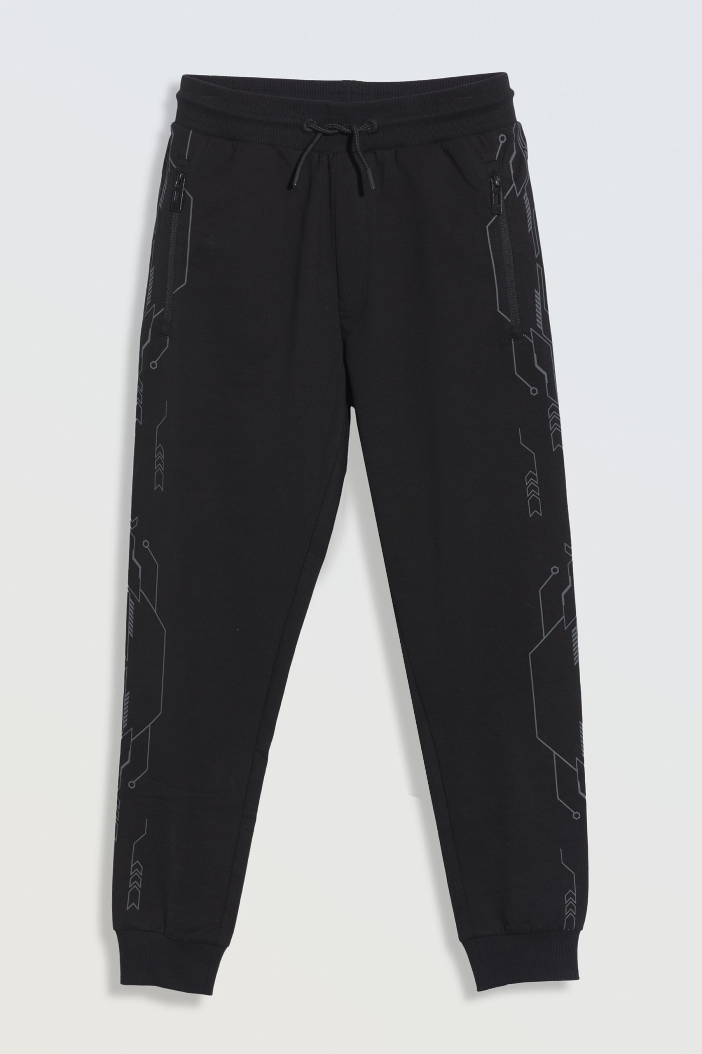 Czarne spodnie dresowe z graficznym nadrukiem na bokach
