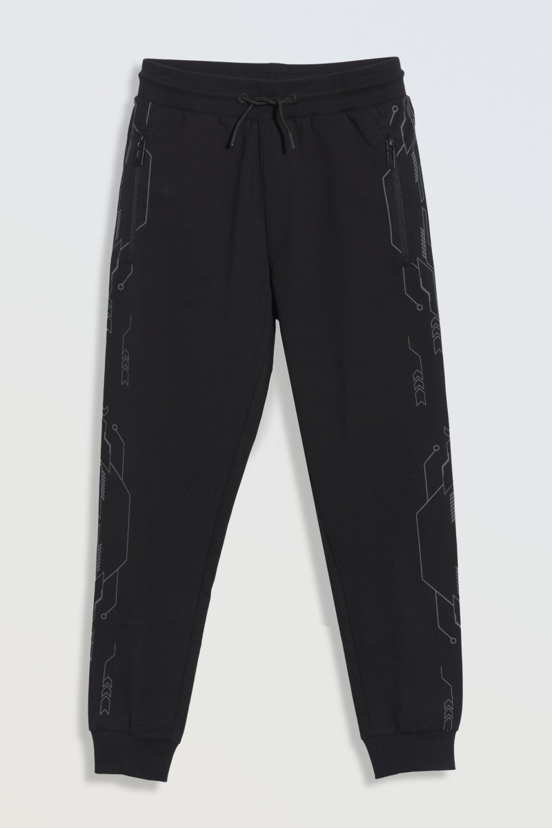 Czarne spodnie dresowe z graficznym nadrukiem na bokach