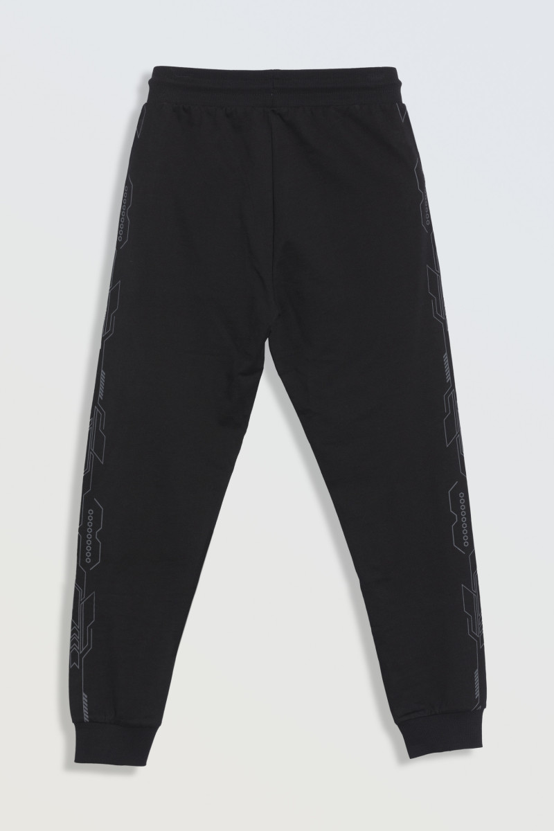 Czarne spodnie dresowe z graficznym nadrukiem na bokach