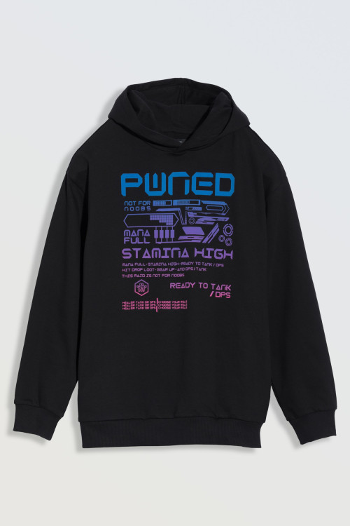 Czarna bluza z kapturem z kolorowym nadrukiem z przodu