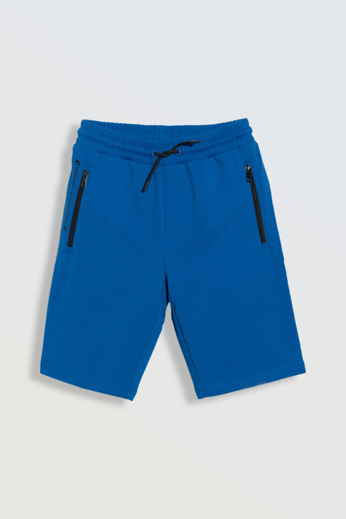 Niebieskie krótkie spodenki dresowe z kieszeniami zapinanymi na zamek