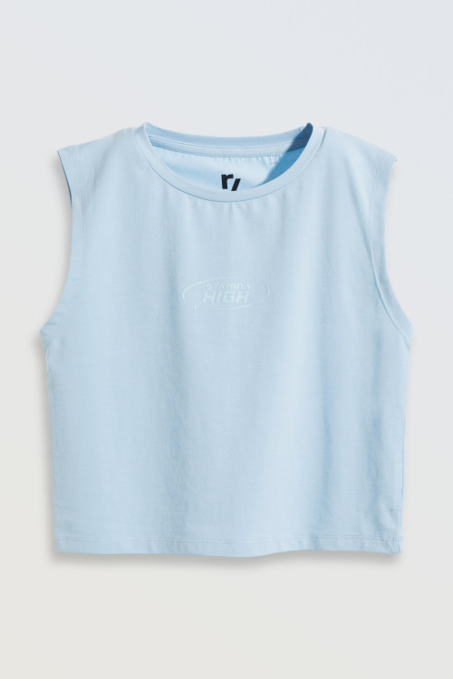 Błękitny crop-top na ramiączkach z minimalistycznym nadrukiem