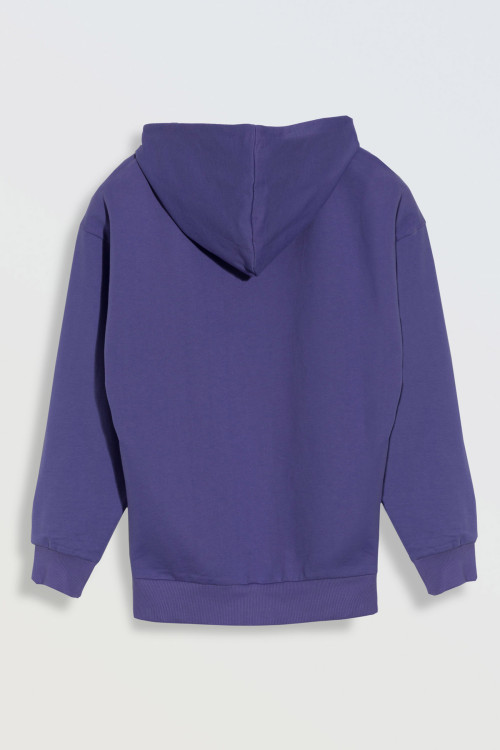 Fioletowa bluza z kapturem z nadrukiem z przodu zapinana na zamek