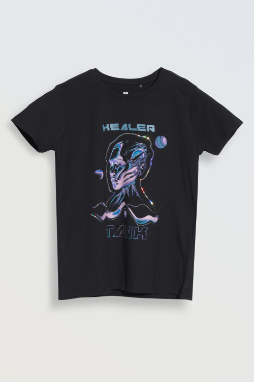 Czarny T-Shirt z kolorowym nadrukiem z przodu