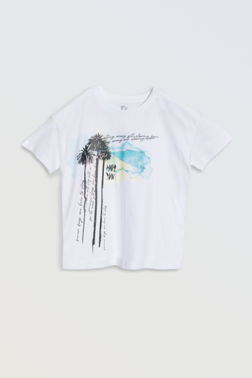 Biały t-shirt z kolorowymi nadrukami z przodu