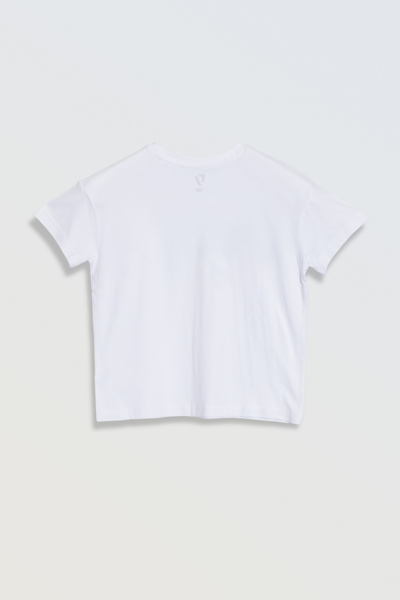 Biały t-shirt z kolorowymi nadrukami z przodu