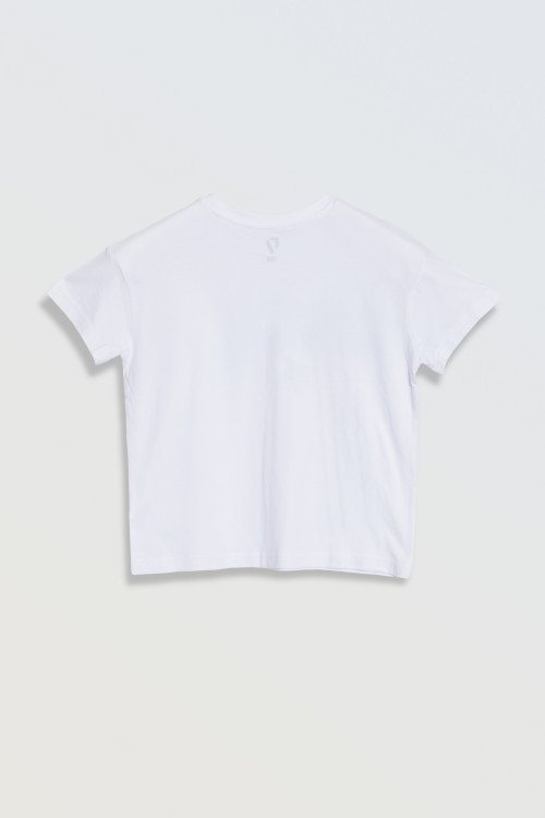 Biały t-shirt z kolorowymi nadrukami z przodu