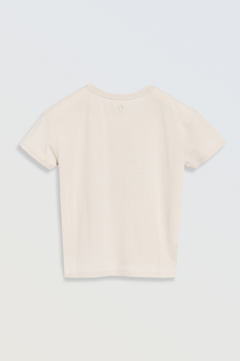 Beżowy t-shirt z kontrastowym nadrukiem z przodu