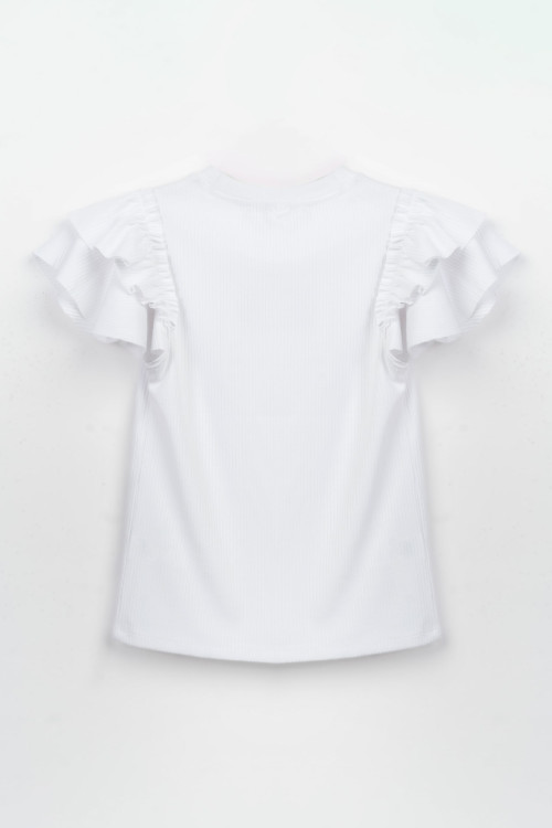 Biała bluzka z dzianiny prążkowanej z ozdobnymi rękawami