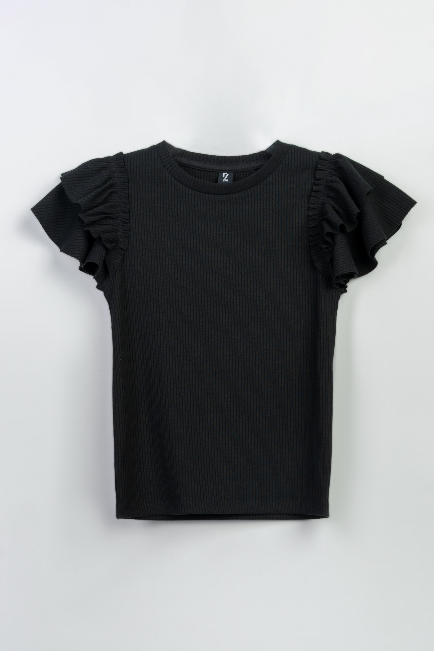 Czarna bluzka z dzianiny prążkowanej z ozdobnymi rękawami