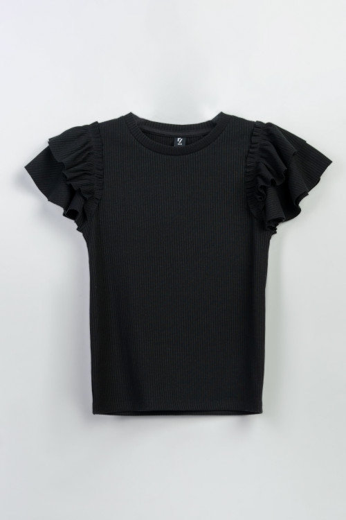 Czarna bluzka z dzianiny prążkowanej z ozdobnymi rękawami