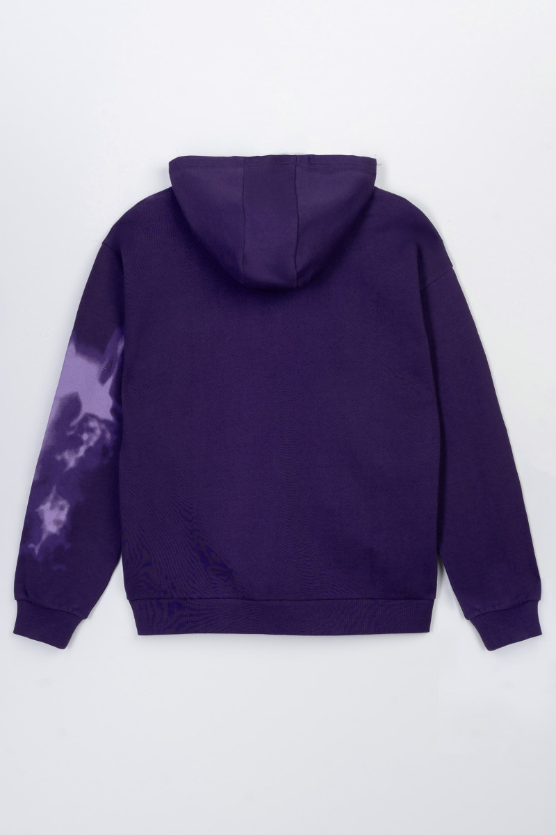 Fioletowa bluza THICK LOOP z kapturem z kolorowym nadrukiem z przodu i na rękawie