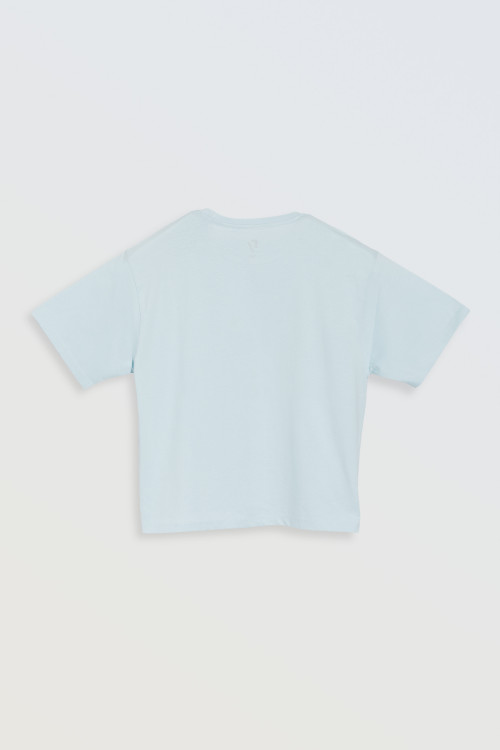 Błękitny t-shirt z kolorowym nadrukiem z przodu