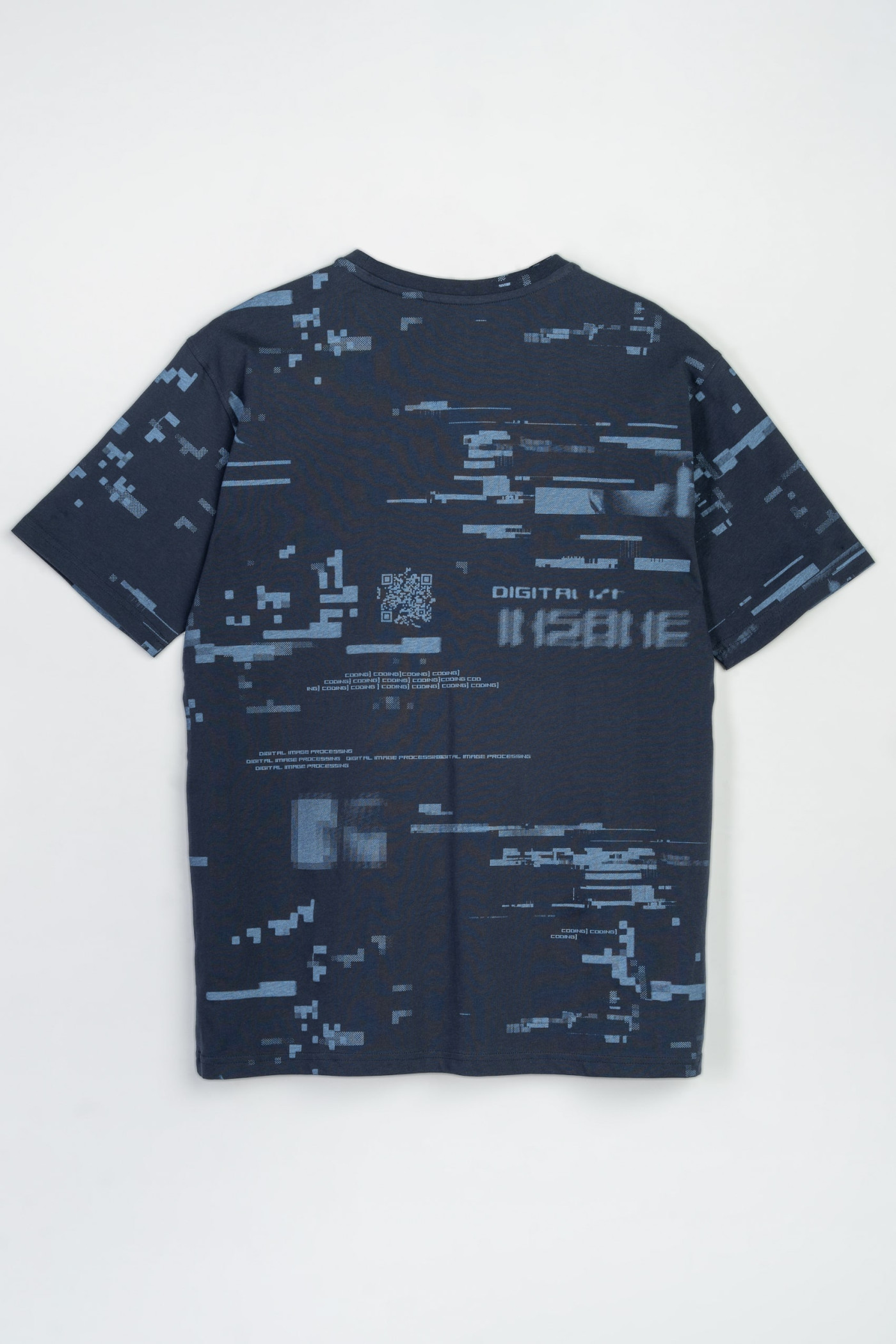 Granatowy t-shirt z niebieskim nadrukiem na całości