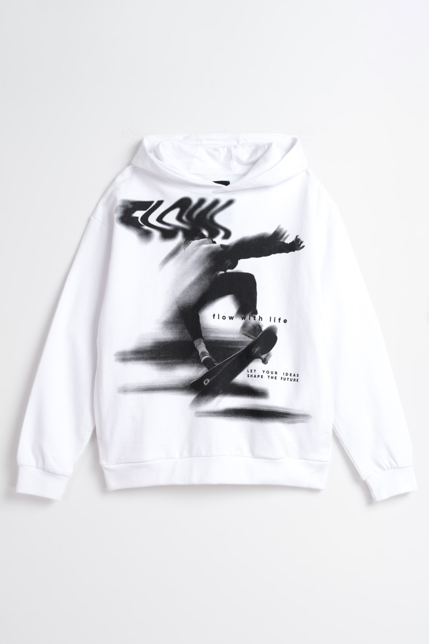 Biała bluza dresowa THICK LOOP z kapturem z kontrastową grafiką z przodu