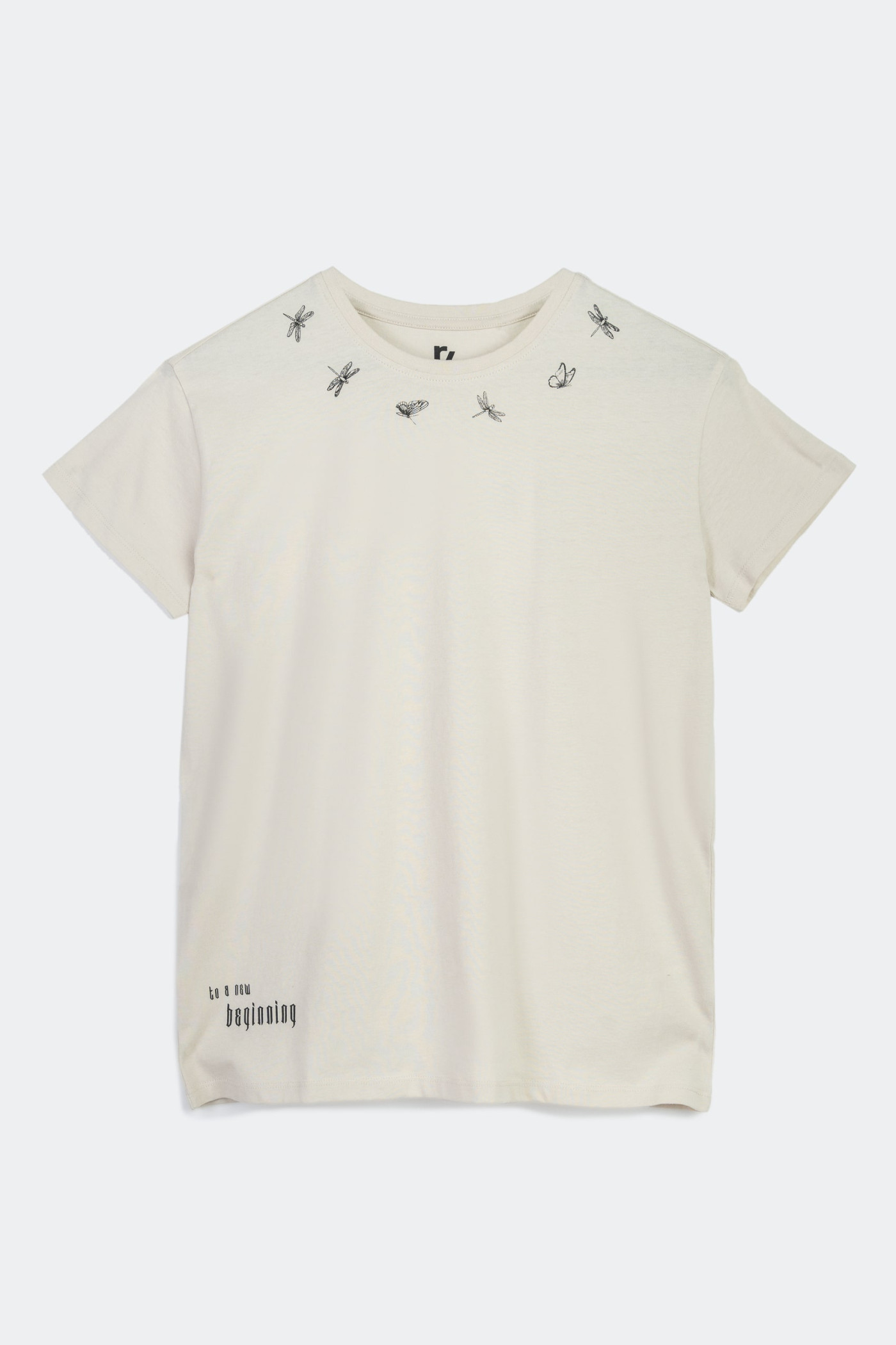 Beżowy t-shirt z czarnymi nadrukami