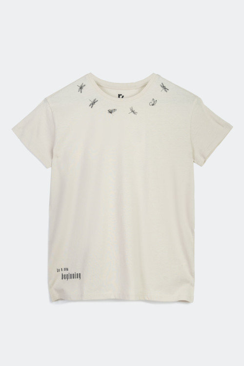 Beżowy t-shirt z czarnymi nadrukami
