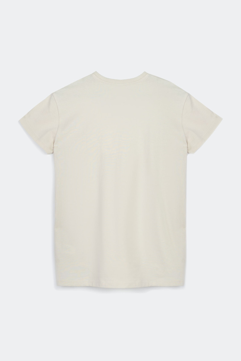 Beżowy t-shirt z czarnymi nadrukami