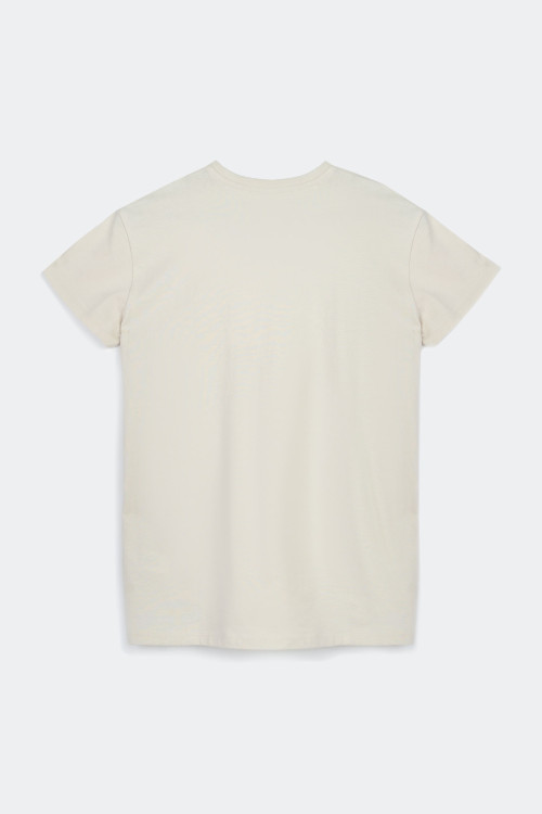 Beżowy t-shirt z czarnymi nadrukami