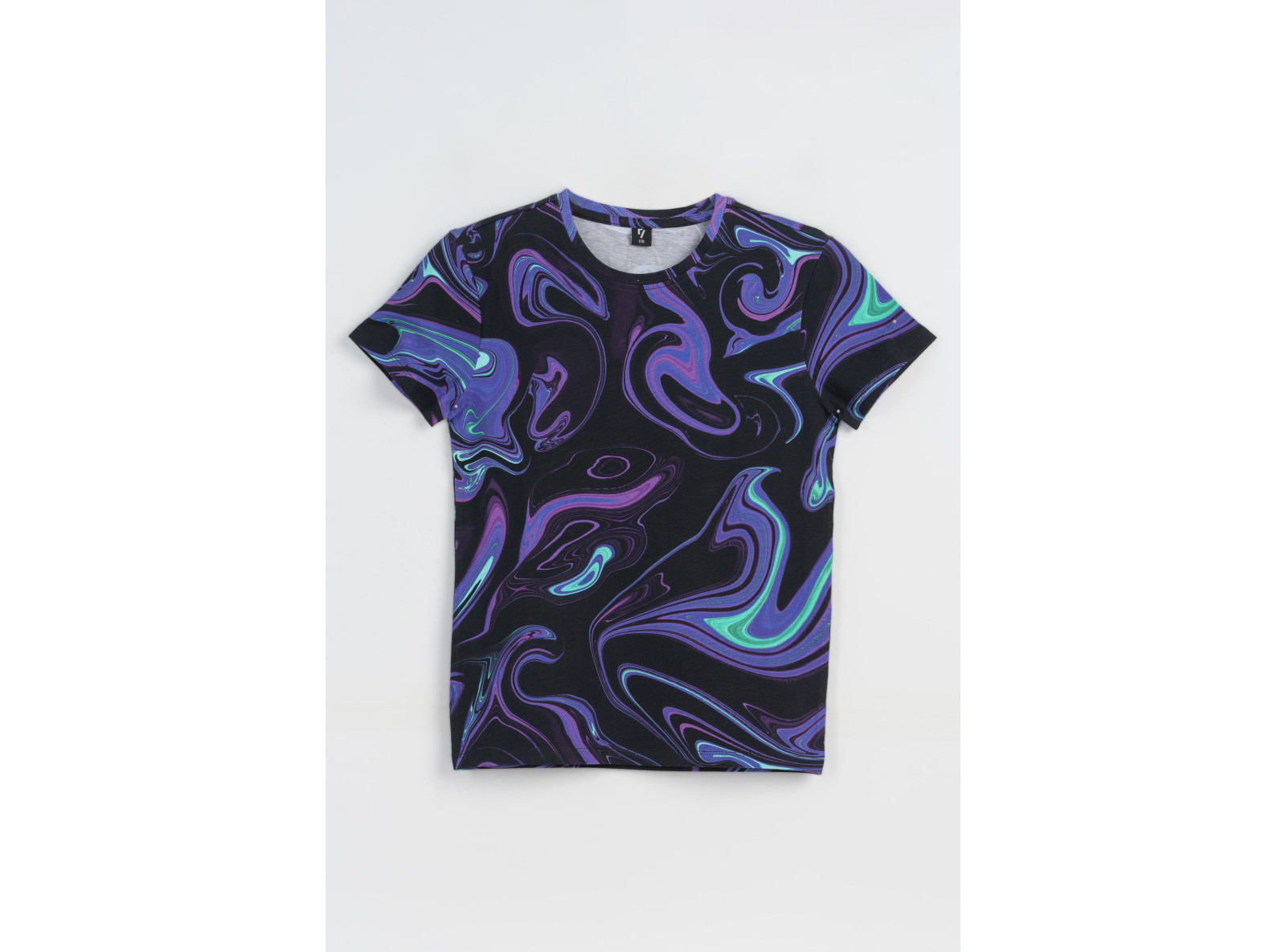 Czarny t-shirt z kolorowymi nadrukami na całości