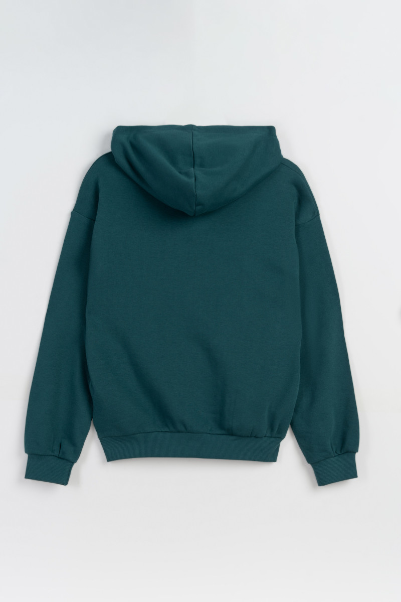 Zielona bluza z kapturem z przestrzennym napisem na wysokości piersi, zielony