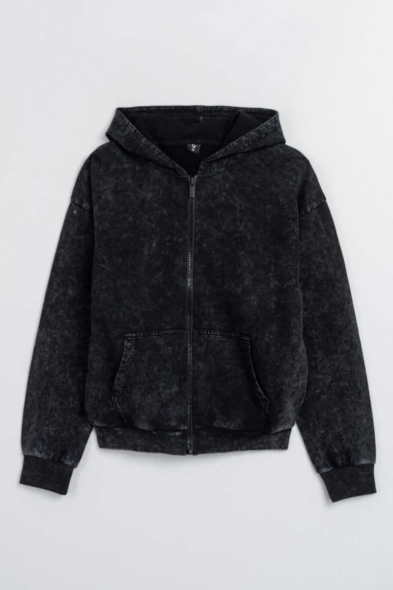 Czarna bluza z kapturem z efektem sprania zapinana na zamek, czarny