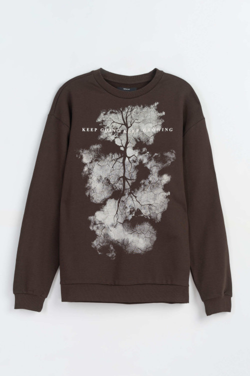 Ciemnobrązowa bluza z kontrastową grafiką z przodu