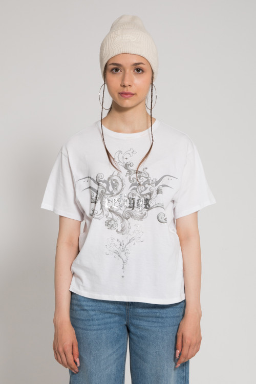 Biały t-shirt oversize z kolorową grafiką z przodu