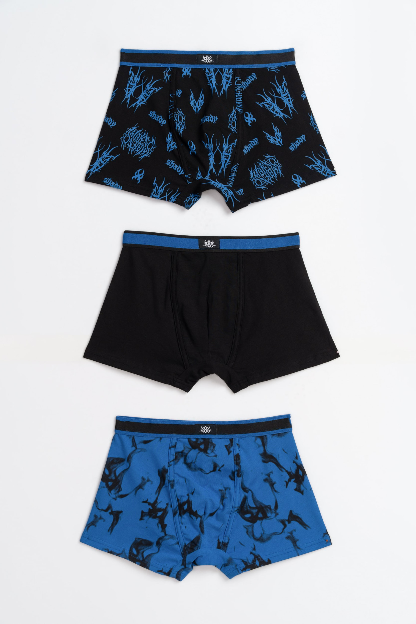 Niebiesko-czarne bokserki z nadrukami 3-PAK