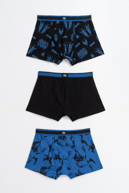 Niebiesko-czarne bokserki z nadrukami 3-PAK