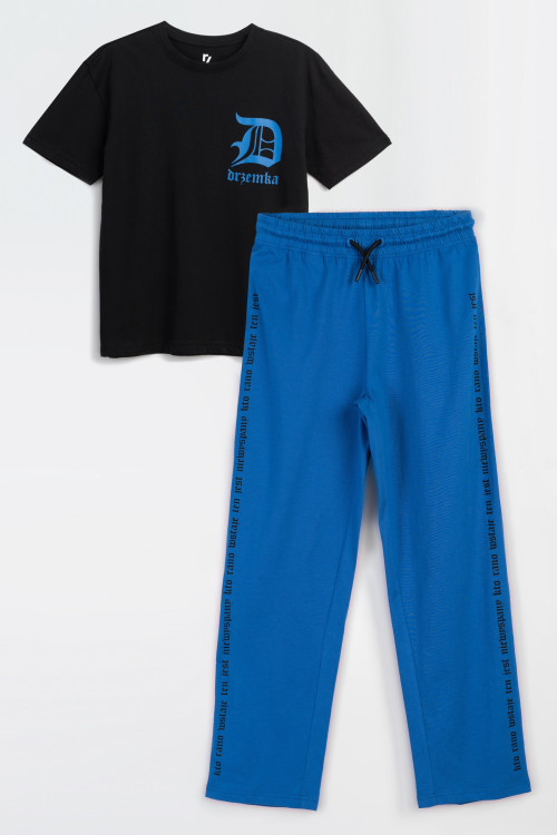 Niebiesko-czarna bawełniana piżama z nadrukami