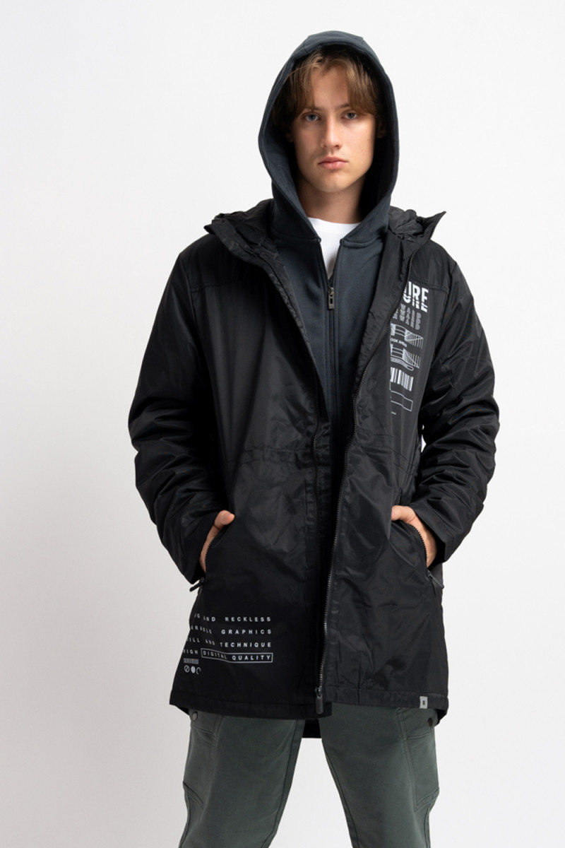 Czarna przedłużana lekko ocieplana kurtka typu parka, czarny