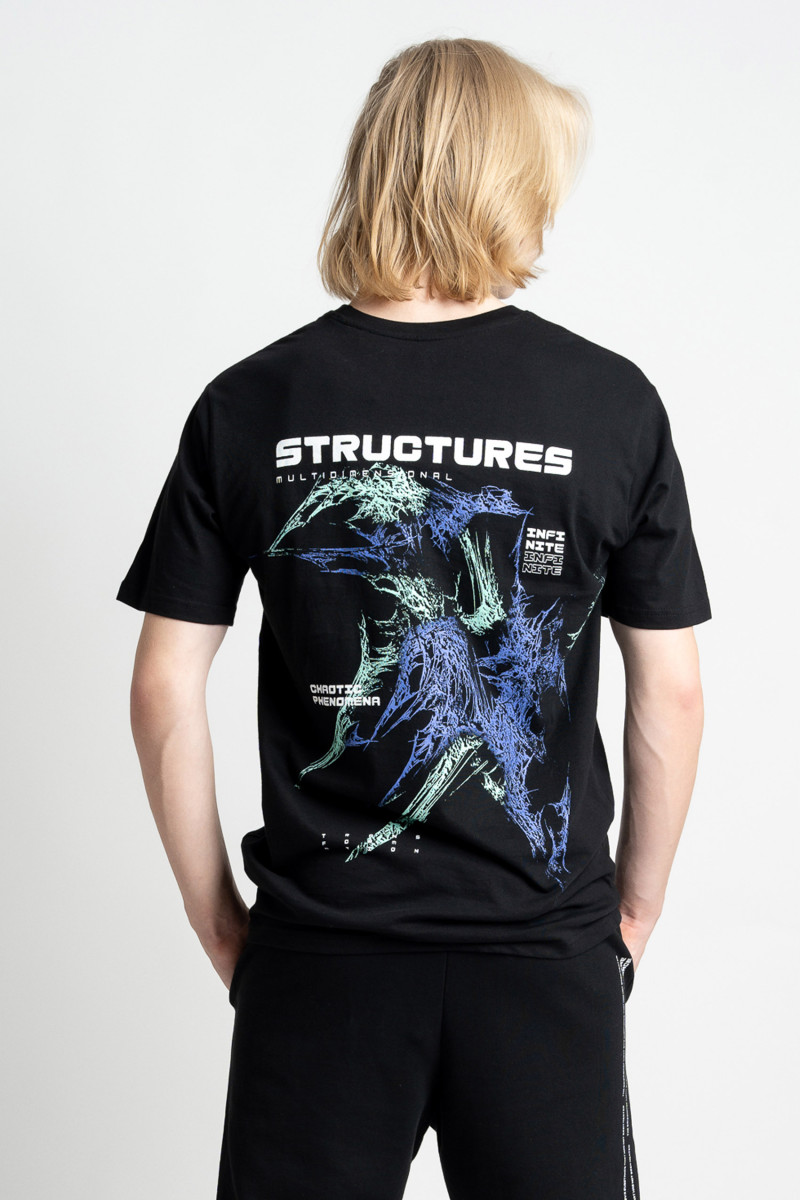 Czarmy t-shirt z kolorową grafiką z tyłu