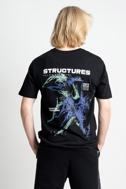 Czarmy t-shirt z kolorową grafiką z tyłu