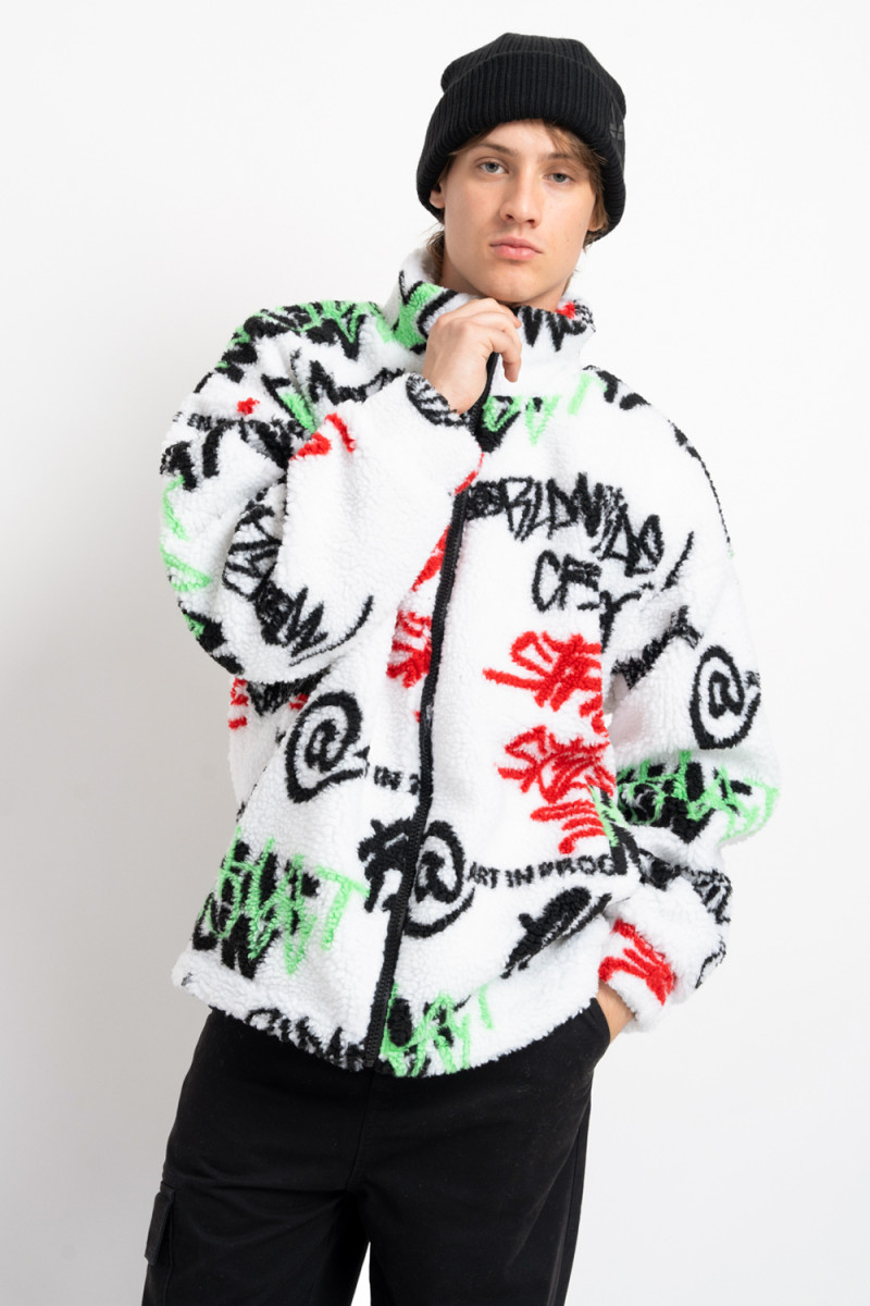 Biała przejściowa kurtka unisex ze sztucznego baranka, multikolor