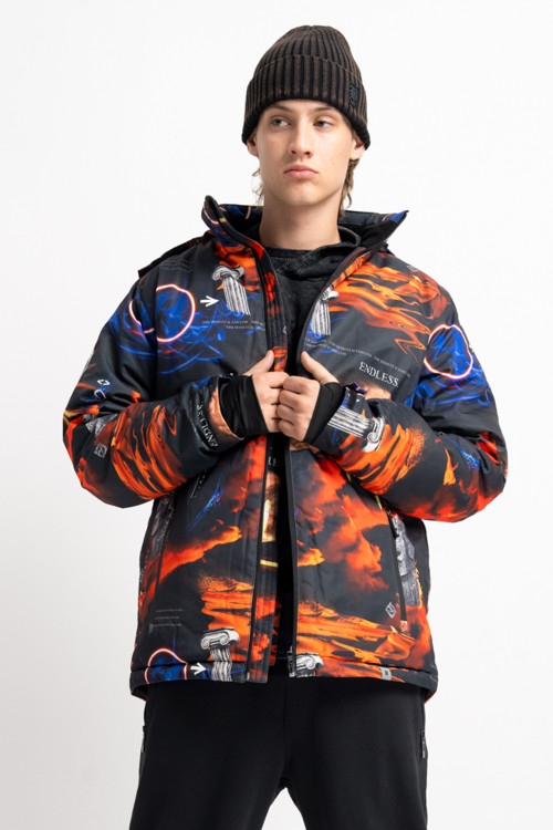 Wzorzysta pomarańczowa ocieplana kurtka z kapturem