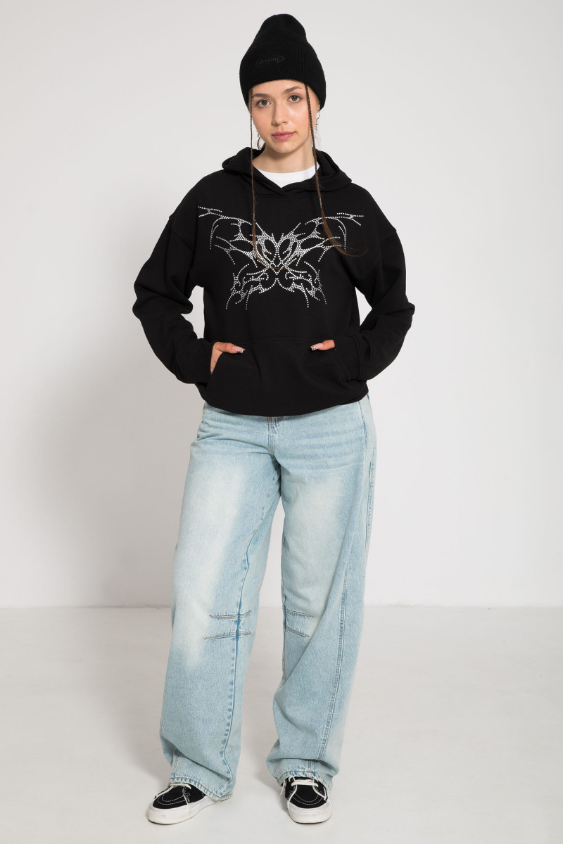 Jasnoniebieskie spodnie jeansowe typu balloon z modnymi przeszyciami, niebieski