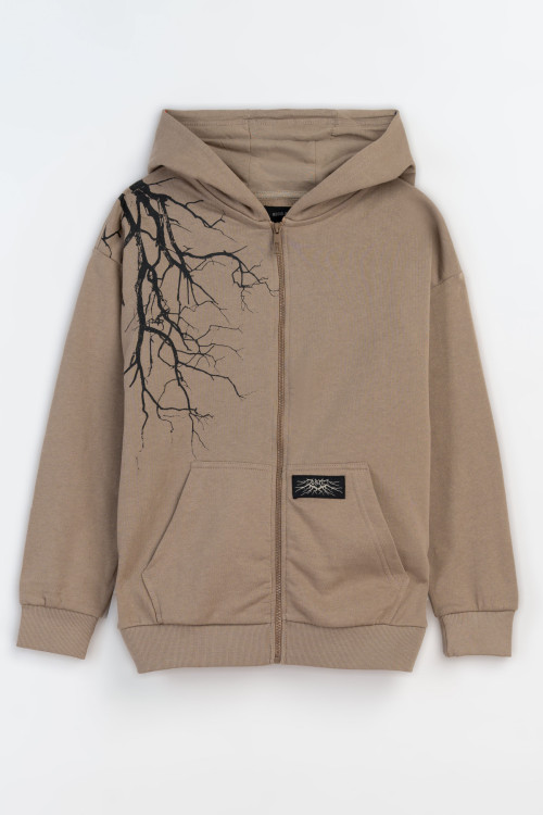 Beżowa bluza z kapturem z kontrastową grafiką z przodu