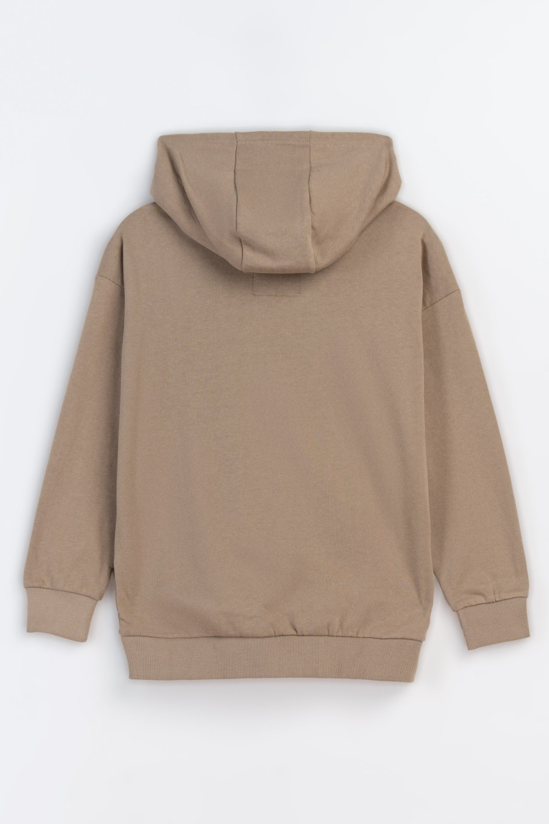 Beżowa bluza z kapturem z kontrastową grafiką z przodu