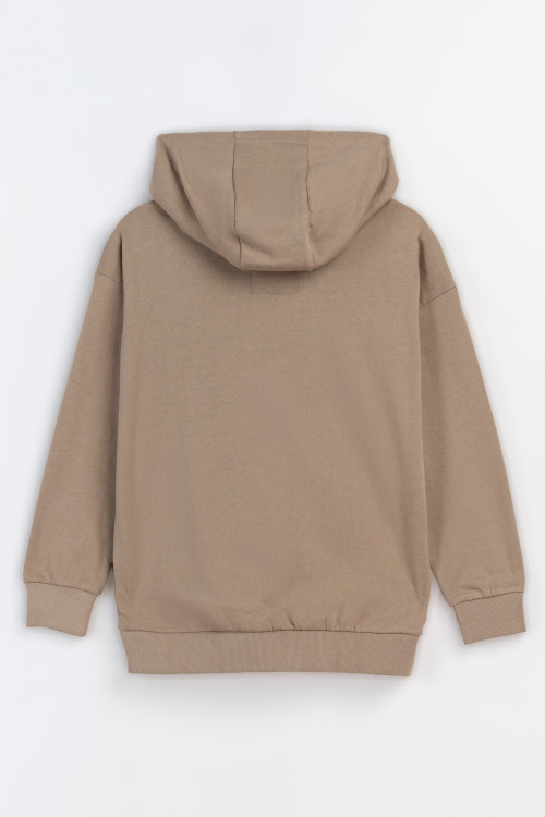 Beżowa bluza z kapturem z kontrastową grafiką z przodu