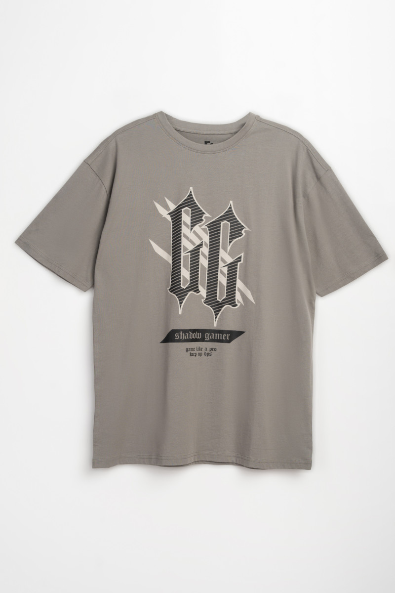 Szary t-shirt z autorską grafiką z przodu