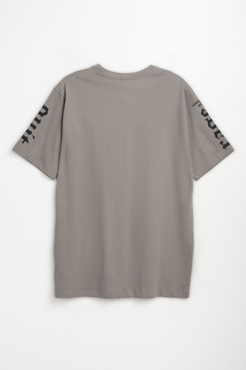 Szary t-shirt z autorską grafiką na rękawach