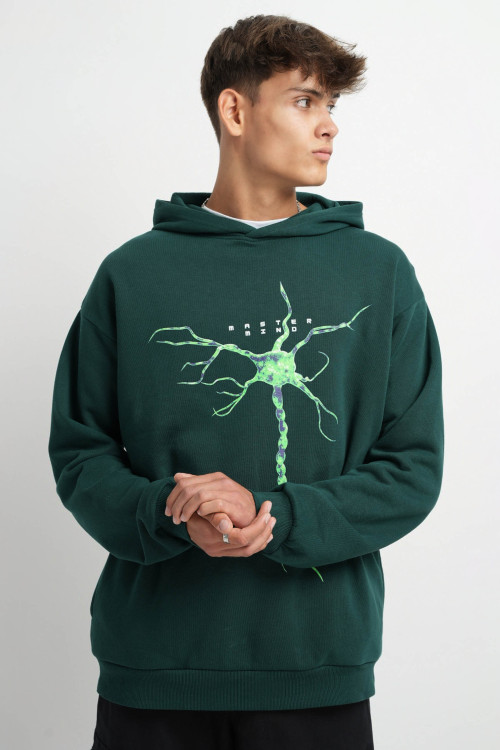 Zielona bluza z kapturem z kolorową grafiką z przodu