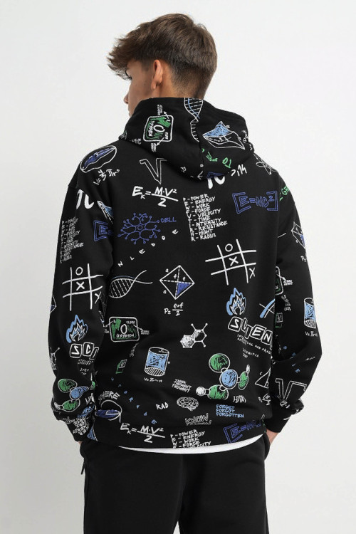 Czarna bluza z kapturem z kolorową grafiką na całości