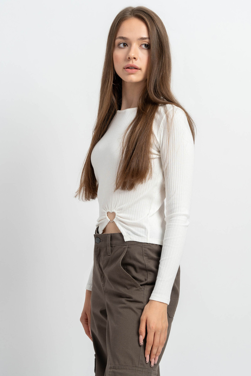 Biała bluzka LONG z dzianiny prążkowanej z ozdobnie marszczonym dołem, biały