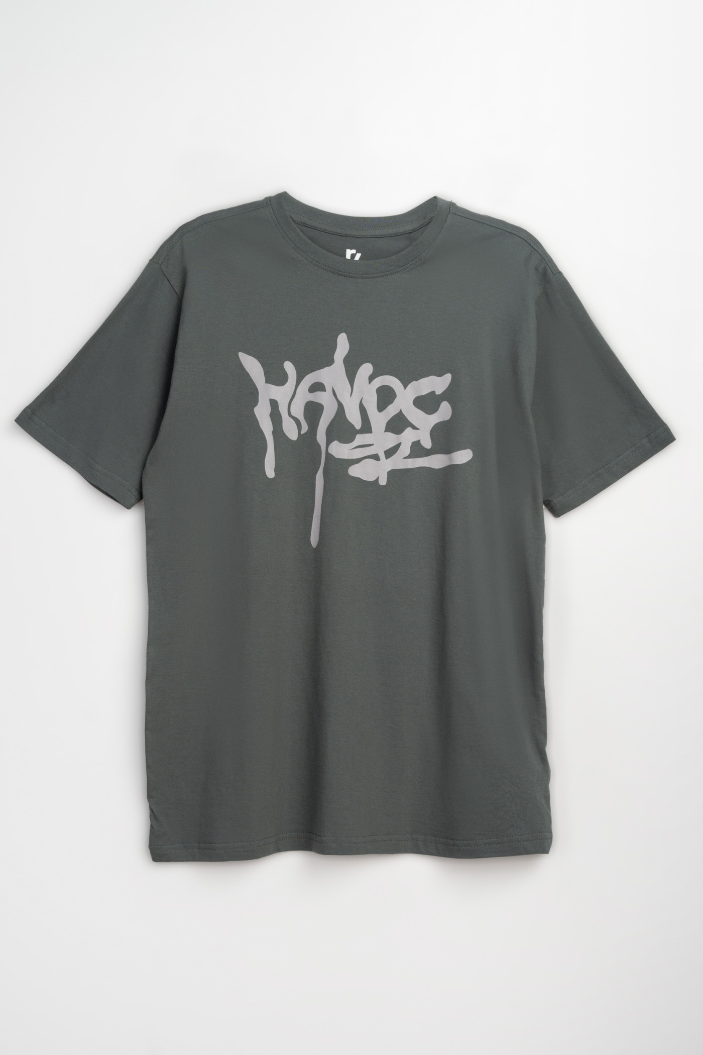 Khaki t-shirt z autorską grafika z przodu